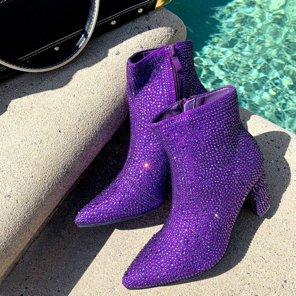 NEW🔥 Purple Jeweled Rhinestone Block Heel Ankle Boot Booties Pointed Toe w/Zip - Picture 2 of 6
